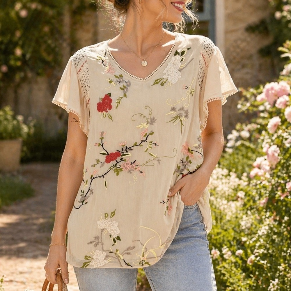 Cato Collection Limited Edition Floral Embroidered Mesh Boho Top Beige 14/16W